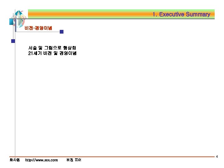 1. Executive Summary 비전·경영이념 서술 및 그림으로 형상화 21세기 비전 및 경영이념 4 화사명