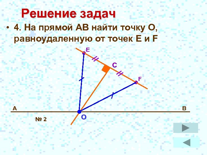 Решение задач • 4. На прямой АВ найти точку О, равноудаленную от точек E