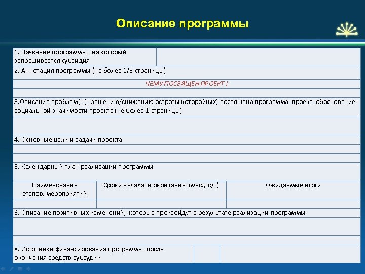 Описание программы 1. Название программы , на который запрашивается субсидия 2. Аннотация программы (не