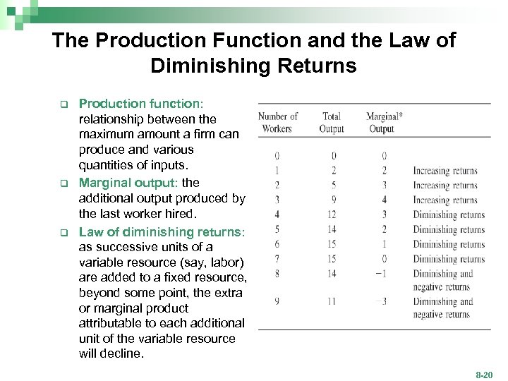 The Production Function and the Law of Diminishing Returns q q q Production function: