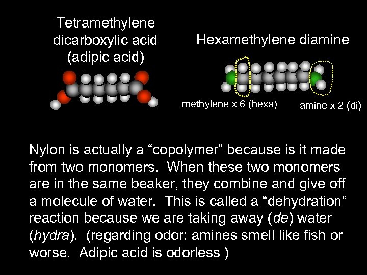 Tetramethylene dicarboxylic acid (adipic acid) Hexamethylene diamine methylene x 6 (hexa) amine x 2