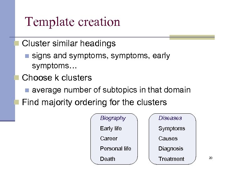 Template creation n Cluster similar headings n signs and symptoms, early symptoms… n Choose