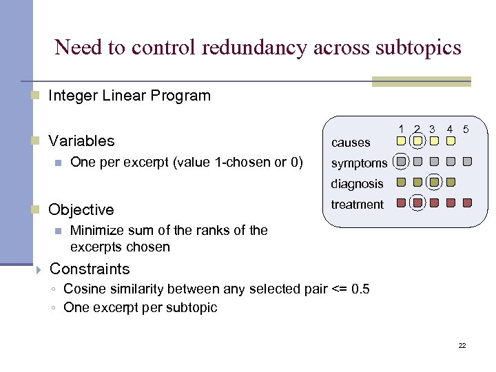 Need to control redundancy across subtopics n Integer Linear Program n Variables n One