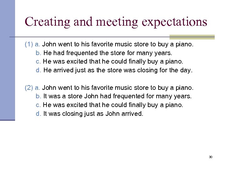 Creating and meeting expectations (1) a. John went to his favorite music store to