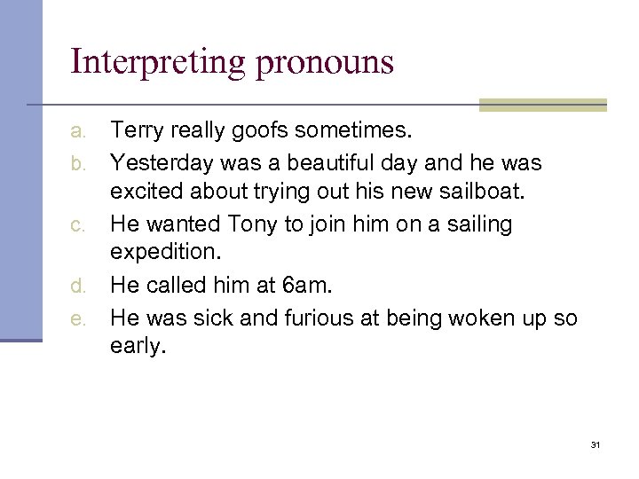 Interpreting pronouns Terry really goofs sometimes. b. Yesterday was a beautiful day and he