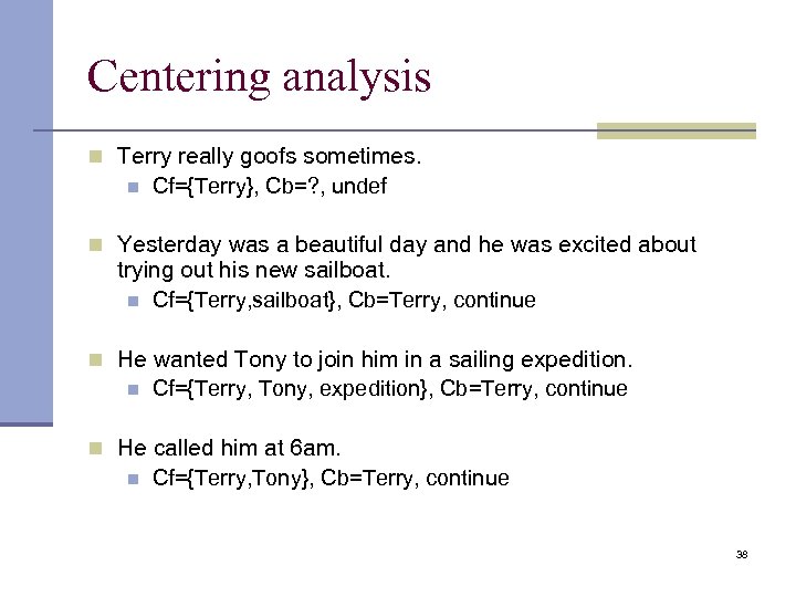 Centering analysis n Terry really goofs sometimes. n Cf={Terry}, Cb=? , undef n Yesterday