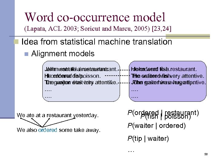 Word co-occurrence model (Lapata, ACL 2003; Soricut and Marcu, 2005) [23, 24] n Idea