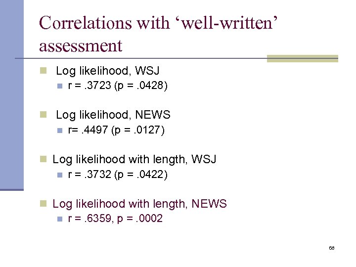 Correlations with ‘well-written’ assessment n Log likelihood, WSJ n r =. 3723 (p =.