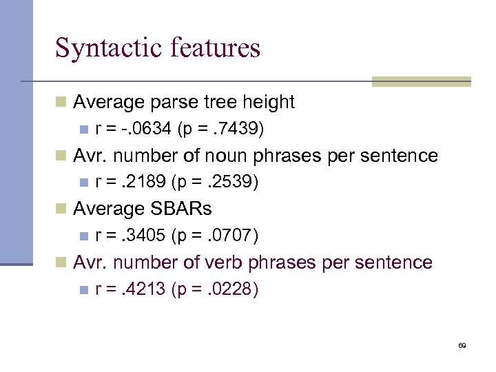 Syntactic features n Average parse tree height n r = -. 0634 (p =.