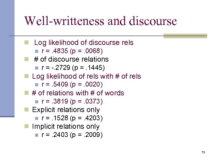 Well-writteness and discourse n Log likelihood of discourse rels n r =. 4835 (p