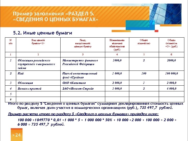 Пример заполнения «РАЗДЕЛ 5. «СВЕДЕНИЯ О ЦЕННЫХ БУМАГАХ» 5. 2. Иные ценные бумаги N