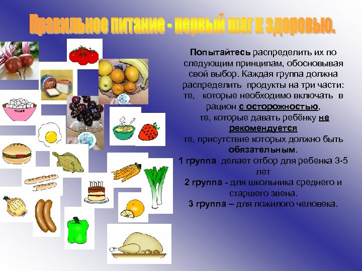 Попытайтесь распределить их по следующим принципам, обосновывая свой выбор. Каждая группа должна распределить продукты