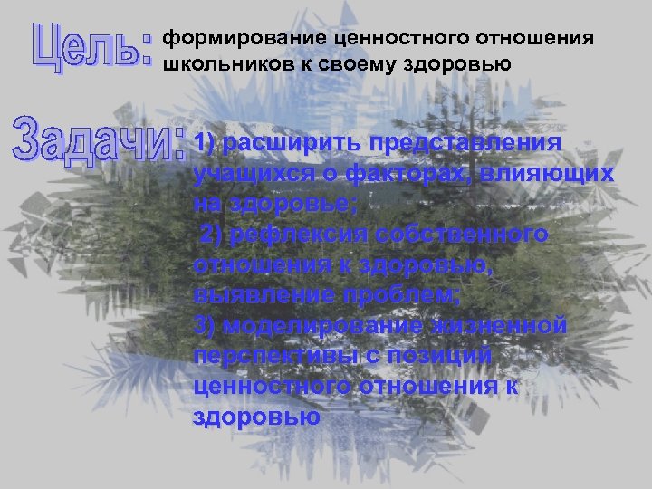 формирование ценностного отношения школьников к своему здоровью 1) расширить представления учащихся о факторах, влияющих