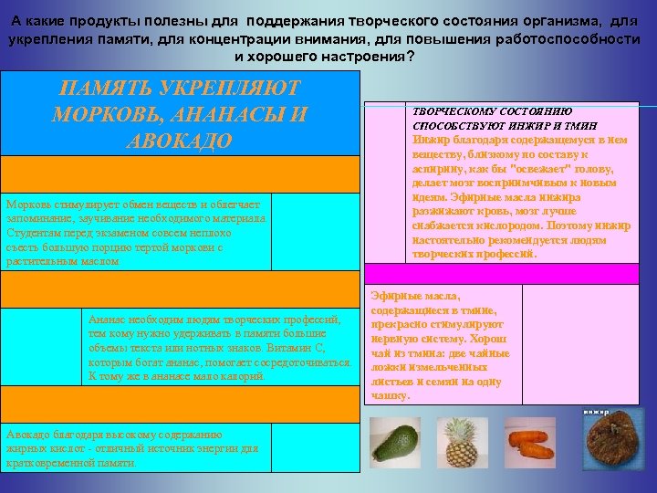 А какие продукты полезны для поддержания творческого состояния организма, для укрепления памяти, для концентрации