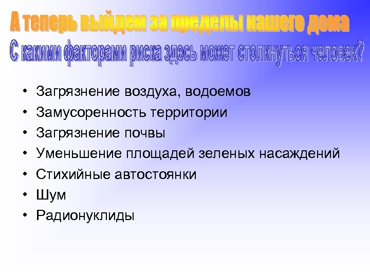  • • Загрязнение воздуха, водоемов Замусоренность территории Загрязнение почвы Уменьшение площадей зеленых насаждений