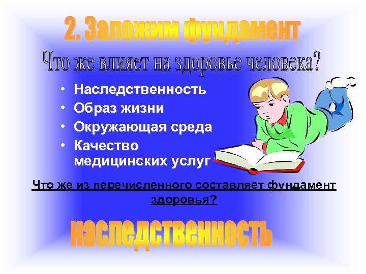  • • Наследственность Образ жизни Окружающая среда Качество медицинских услуг Что же из