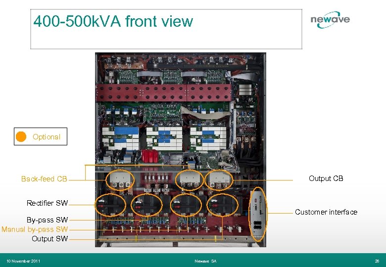 400 -500 k. VA front view Optional Output CB Back-feed CB Rectifier SW Customer