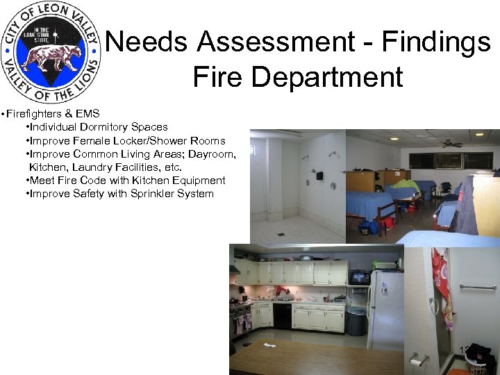 Needs Assessment - Findings Fire Department • Firefighters & EMS • Individual Dormitory Spaces