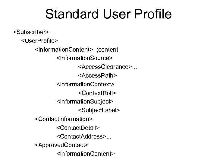 Standard User Profile <Subscriber> <User. Profile> <Information. Content> (content <Information. Source> <Access. Clearance>. .