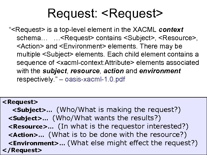 Request: <Request> “<Request> is a top-level element in the XACML context schema… …<Request> contains