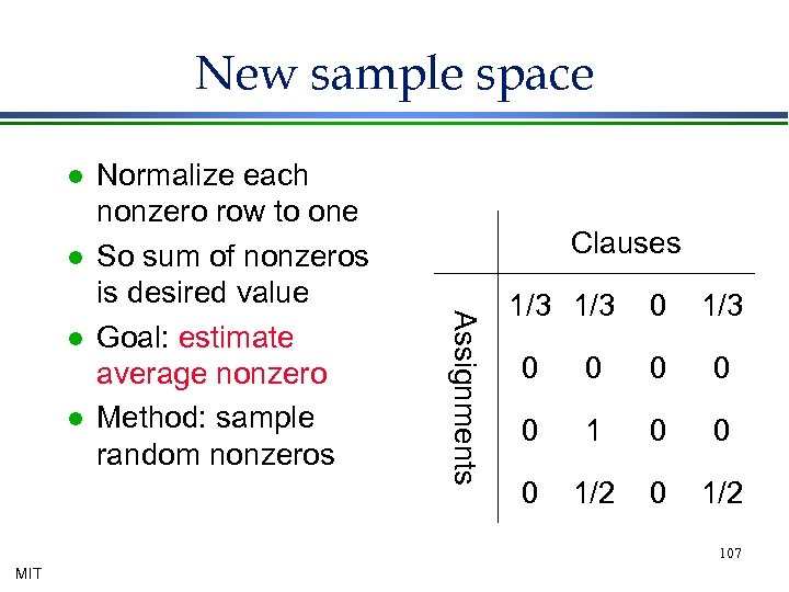 New sample space l l l Clauses Assignments l Normalize each nonzero row to
