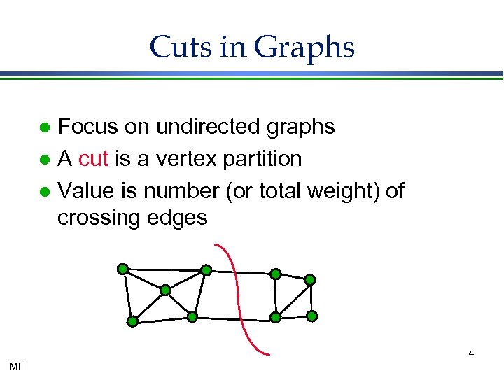 Cuts in Graphs Focus on undirected graphs l A cut is a vertex partition