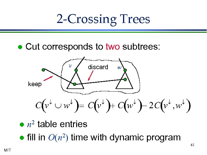 2 -Crossing Trees l Cut corresponds to two subtrees: v discard w keep n