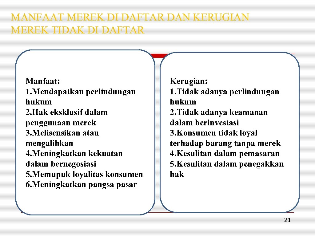 MANFAAT MEREK DI DAFTAR DAN KERUGIAN MEREK TIDAK DI DAFTAR Manfaat: 1. Mendapatkan perlindungan