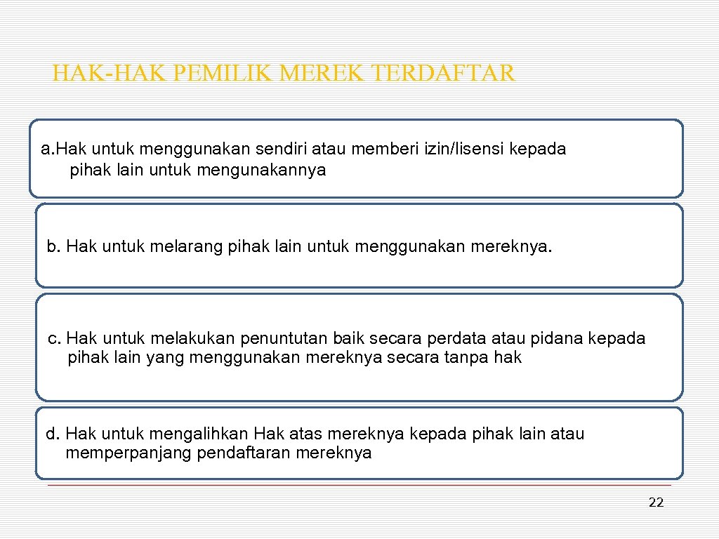 HAK-HAK PEMILIK MEREK TERDAFTAR a. Hak untuk menggunakan sendiri atau memberi izin/lisensi kepada pihak