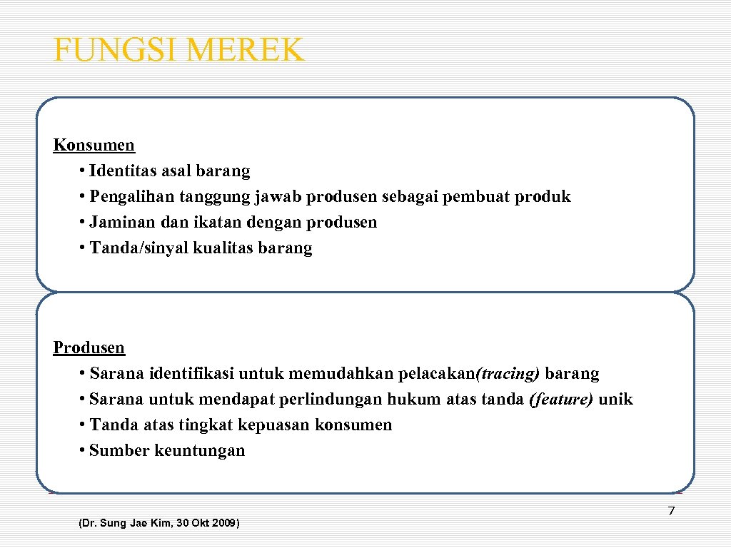 FUNGSI MEREK Konsumen • Identitas asal barang • Pengalihan tanggung jawab produsen sebagai pembuat