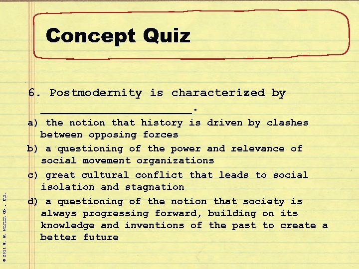 Concept Quiz © 2011 W. W. Norton Co. , Inc. 6. Postmodernity is characterized