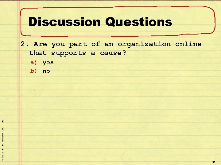 Discussion Questions 2. Are you part of an organization online that supports a cause?