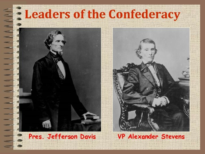 Leaders of the Confederacy Pres. Jefferson Davis VP Alexander Stevens 