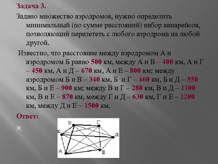 Задача 3. Задано множество аэродромов, нужно определить минимальный (по сумме расстояний) набор авиарейсов, позволяющий