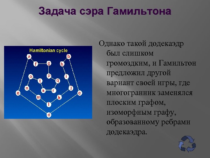 Задача сэра Гамильтона Однако такой додекаэдр был слишком громоздким, и Гамильтон предложил другой вариант