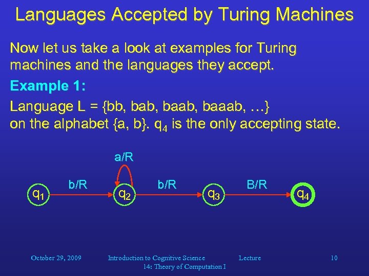 Languages Accepted by Turing Machines Now let us take a look at examples for