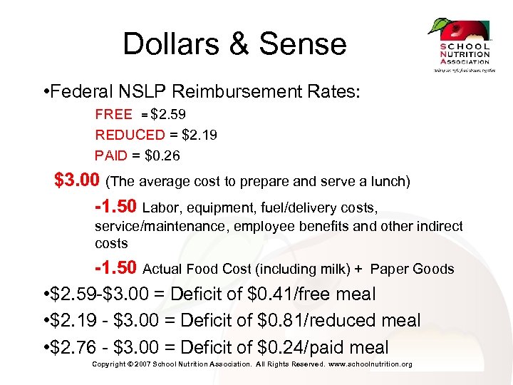 Dollars & Sense • Federal NSLP Reimbursement Rates: FREE = $2. 59 REDUCED =