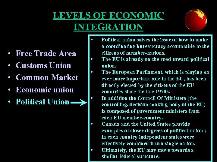LEVELS OF ECONOMIC INTEGRATION • • • Free Trade Area Customs Union Common Market