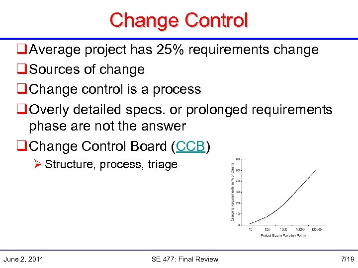 Change Control q Average project has 25% requirements change q Sources of change q