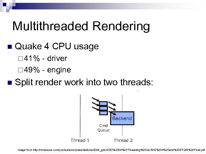 Multithreaded Rendering n Quake 4 CPU usage ¨ 41% - driver ¨ 49% -