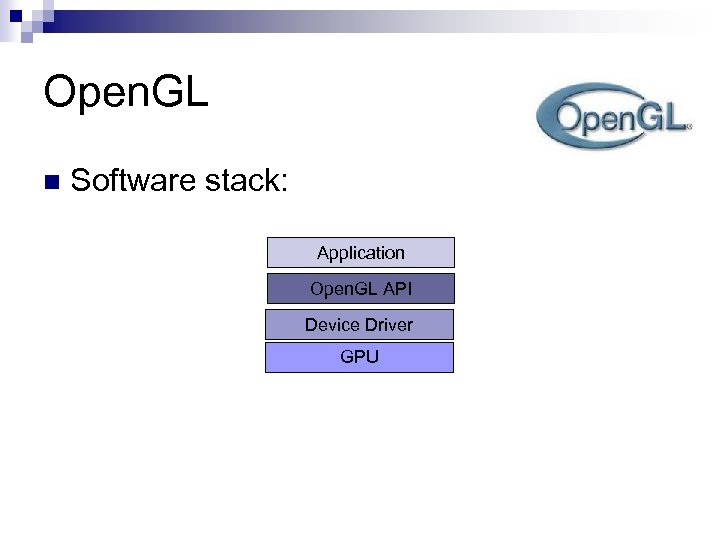 Open. GL n Software stack: Application Open. GL API Device Driver GPU 