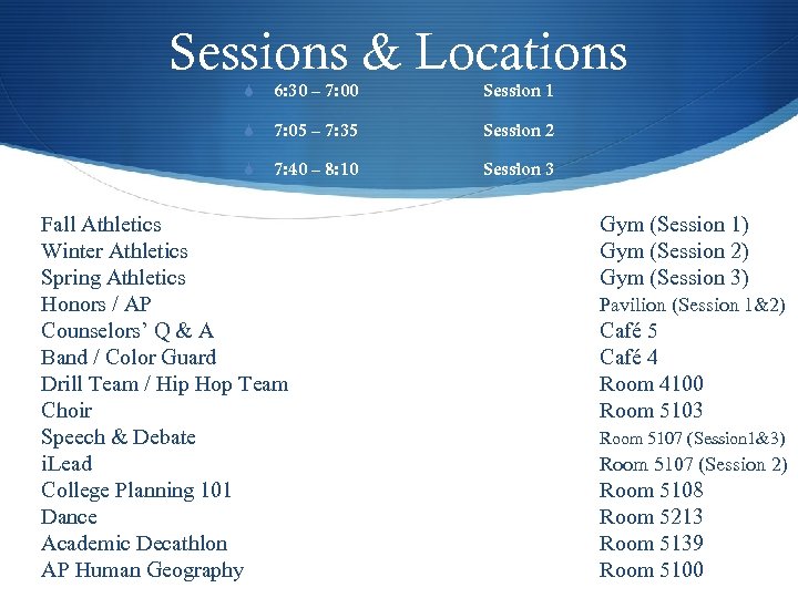 Sessions & Locations S 6: 30 – 7: 00 Session 1 S 7: 05