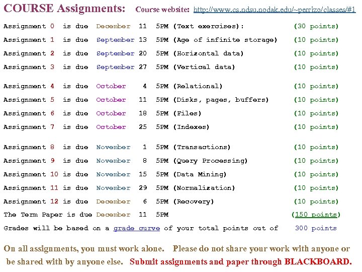 COURSE Assignments: Assignment 0 is due December Assignment 1 is due Assignment 2 Course
