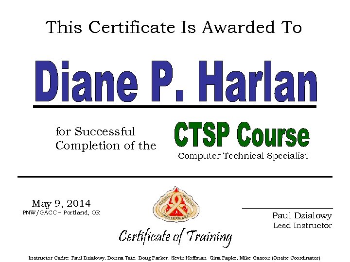 This Certificate Is Awarded To for Successful Completion of the Computer Technical Specialist May
