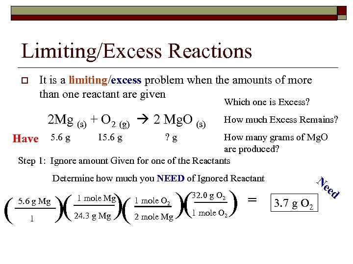 Limiting/Excess Reactions It is a limiting/excess problem when the amounts of more than one