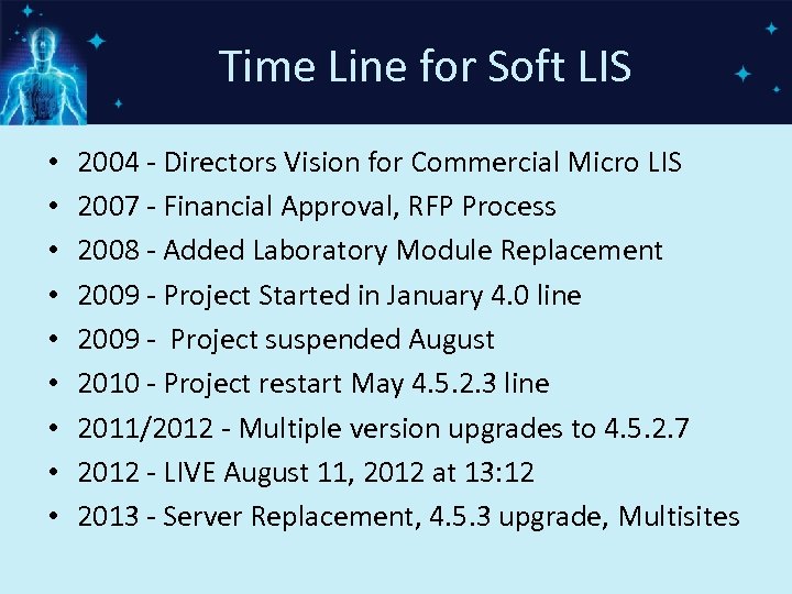 Time Line for Soft LIS • • • 2004 - Directors Vision for Commercial