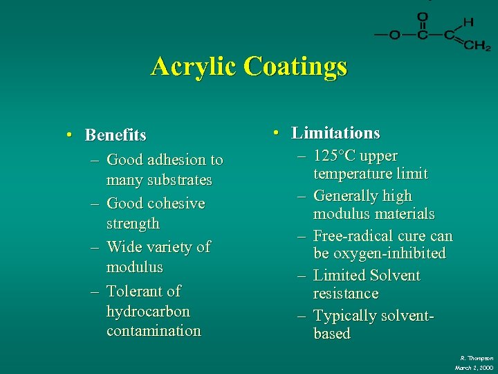 Acrylic Coatings • Benefits – Good adhesion to many substrates – Good cohesive strength