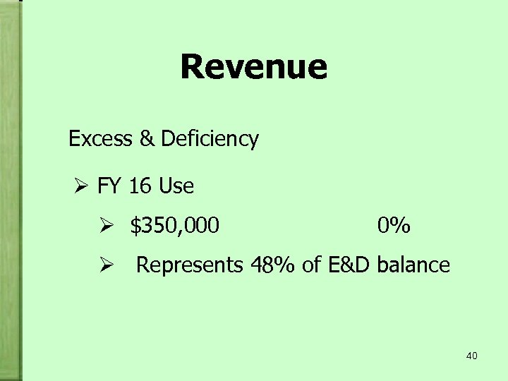 Revenue Excess & Deficiency Ø FY 16 Use Ø $350, 000 0% Ø Represents