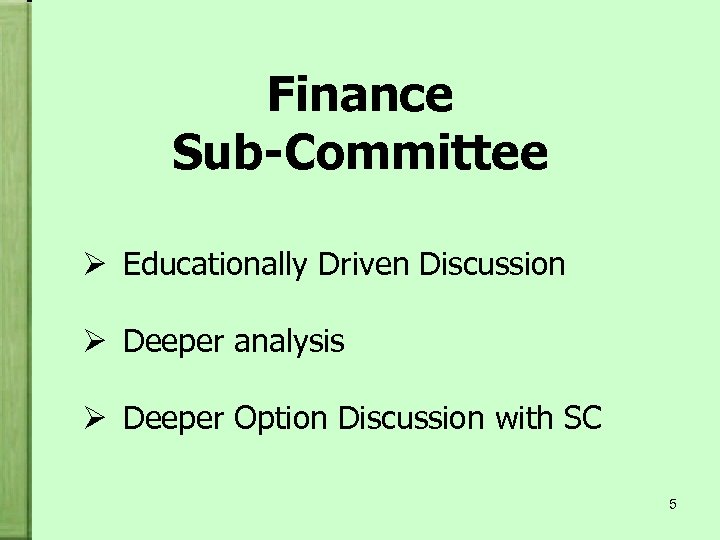 Finance Sub-Committee Ø Educationally Driven Discussion Ø Deeper analysis Ø Deeper Option Discussion with