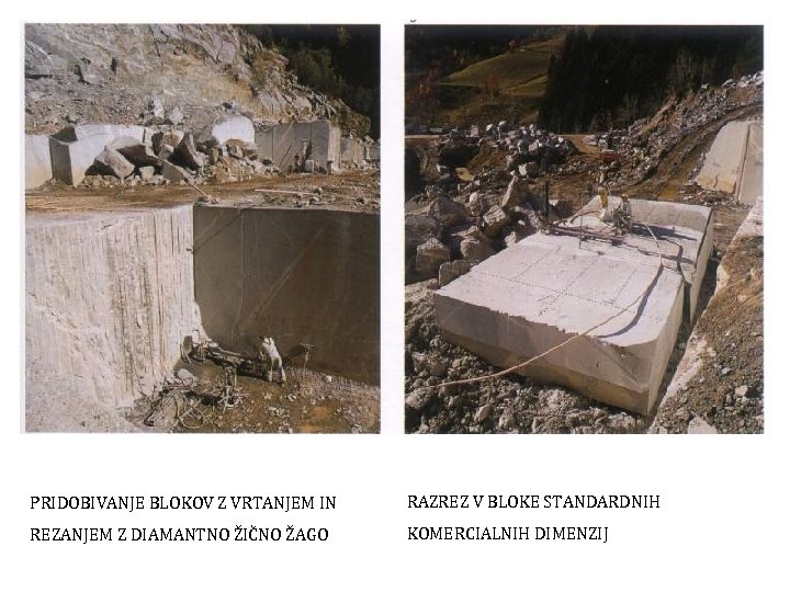 PRIDOBIVANJE BLOKOV Z VRTANJEM IN RAZREZ V BLOKE STANDARDNIH REZANJEM Z DIAMANTNO ŽIČNO ŽAGO